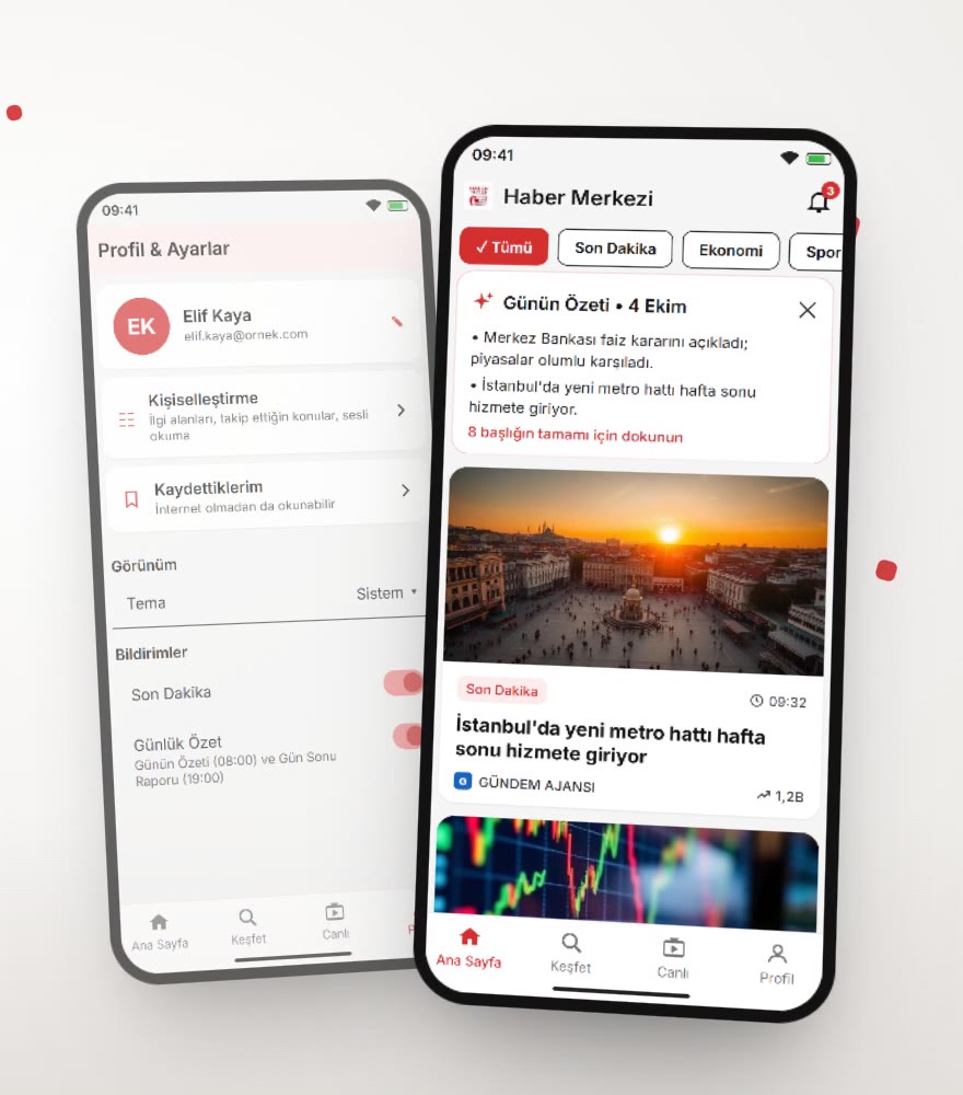Profil, ayarlar ve bildirim ekranı