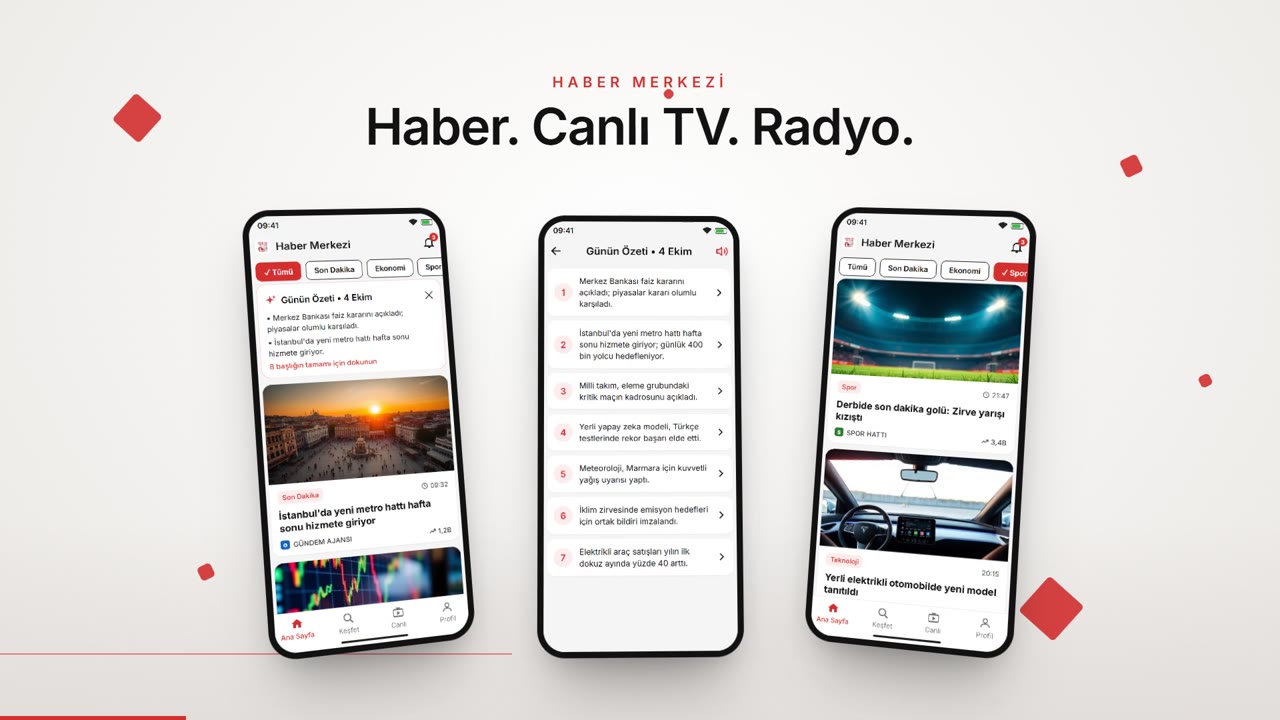 Haber Merkezi uygulama ekranları: haber akışı, Günün Özeti ve kategoriler